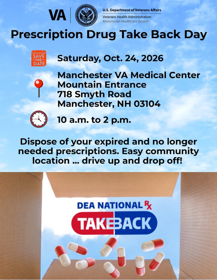 VAManchester's tweet photo. Let’s work together to keep our community safe! Unused or expired prescription medications can pose serious risks to our loved ones and the environment. Take a few minutes to clean out your medicine cabinet and join us for #TakeBackDay on October 24! 

Just drive up to the Manchester VA Medical Center Mountain Entrance between 10 a.m. and 2 p.m. and drop off the medications. Every prescription you return helps protect families, prevent misuse, and support a healthier community.