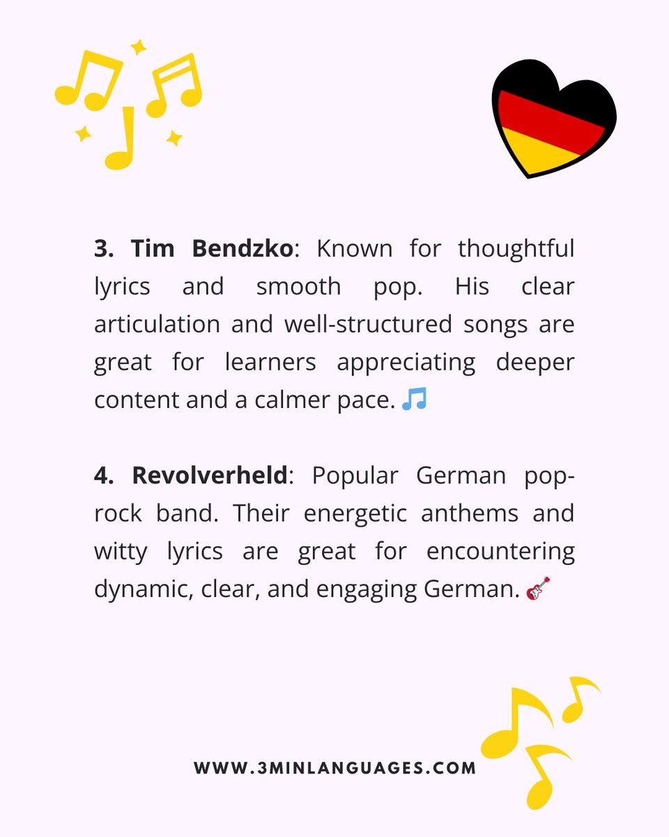 3MLanguages's tweet photo. 🎧🇩🇪 6 more German artists for your playlist

Mark Forster • Wincent Weiss • Tim Bendzko • Revolverheld • Lotte • Clueso

Tip: read a stanza aloud, then match the singer.

👉 Learn German in 3 minutes: https://t.co/zJMA7G83iy https://t.co/sG6OvTCDQB