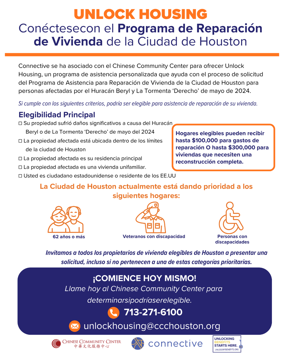 hcpct1's tweet photo. Houston homeowners impacted by Hurricane Beryl or the May 2024 Derecho may be eligible for help repairing their homes. Support is available in English, Spanish, Vietnamese, and Mandarin. 

📞 713-271-6100 
✉️ unlockhousing@ccchouston.org https://t.co/qtJdh8H1Tu