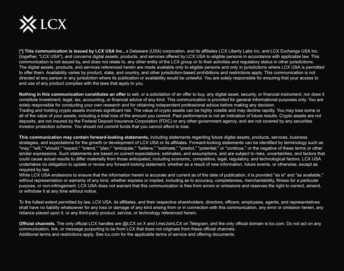 lcx's tweet photo. This post is by LCX USA. The only official LCX handles are @LCX on X and https://t.co/Vvr97V83N5 on Telegram, and the only official domain is https://t.co/yvd3rZrzCr including our subdomains like https://t.co/s1VidYRDQr. Do not click links in replies or in any message below this one. Full disclaimer below.