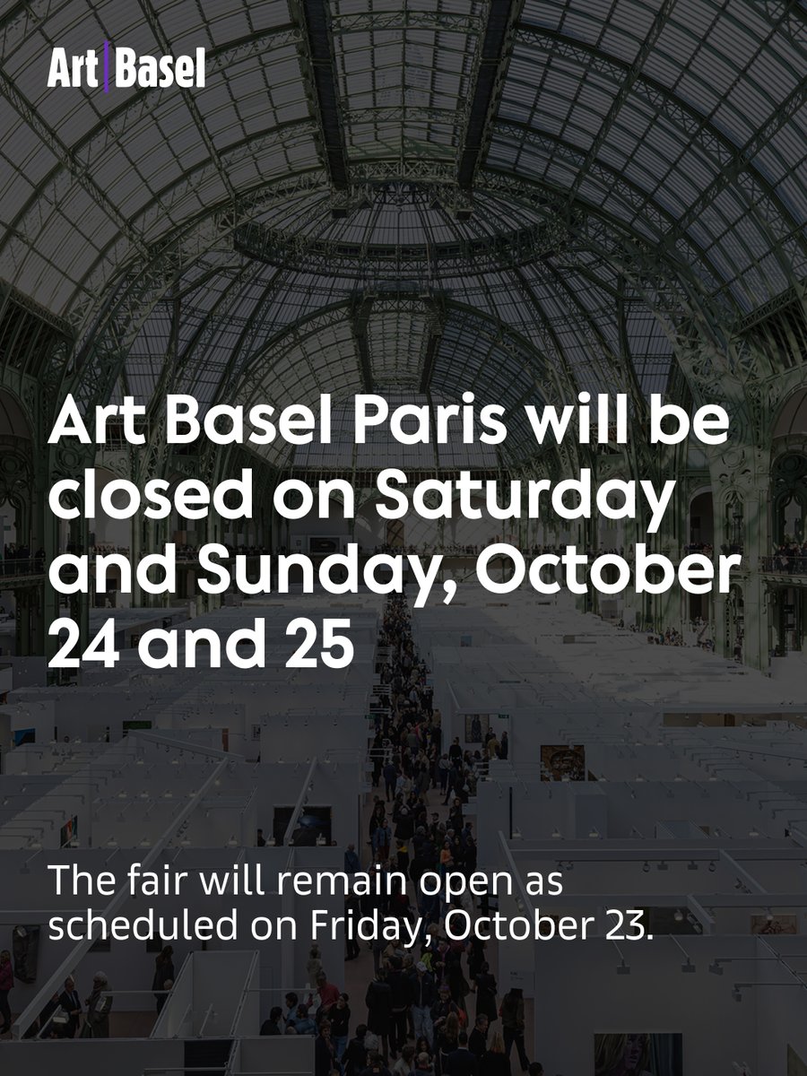 ArtBasel's tweet photo. We look forward to welcoming visitors holding tickets for Friday admission until 7pm.

Saturday and Sunday ticket holders will be contacted directly with further information.

We deeply regret that we will not be able to welcome visitors this weekend, and extend our sincere appreciation to our galleries, artists, partners, visitors, and wider community around our fair.