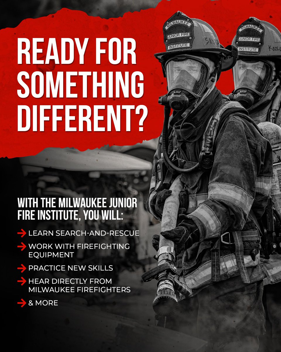 mkejfi's tweet photo. Ready to learn search-and-rescue, work with #firefighting equipment, practice new skills, and hear directly from #Milwaukee firefighters? 🔥
JFI gives students ages 14 – 20 the chance to experience the #fireservice firsthand.
Join us!
🔗 https://t.co/FiWKAm6RNK
#MKEJFI https://t.co/9bI7ewbDT2