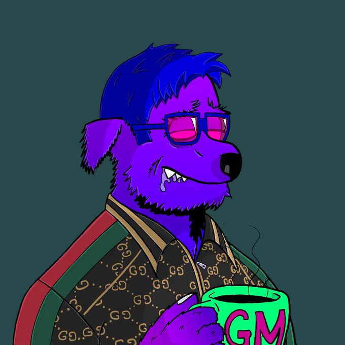 Purple pup in a designer jacket holding a GM coffee mug