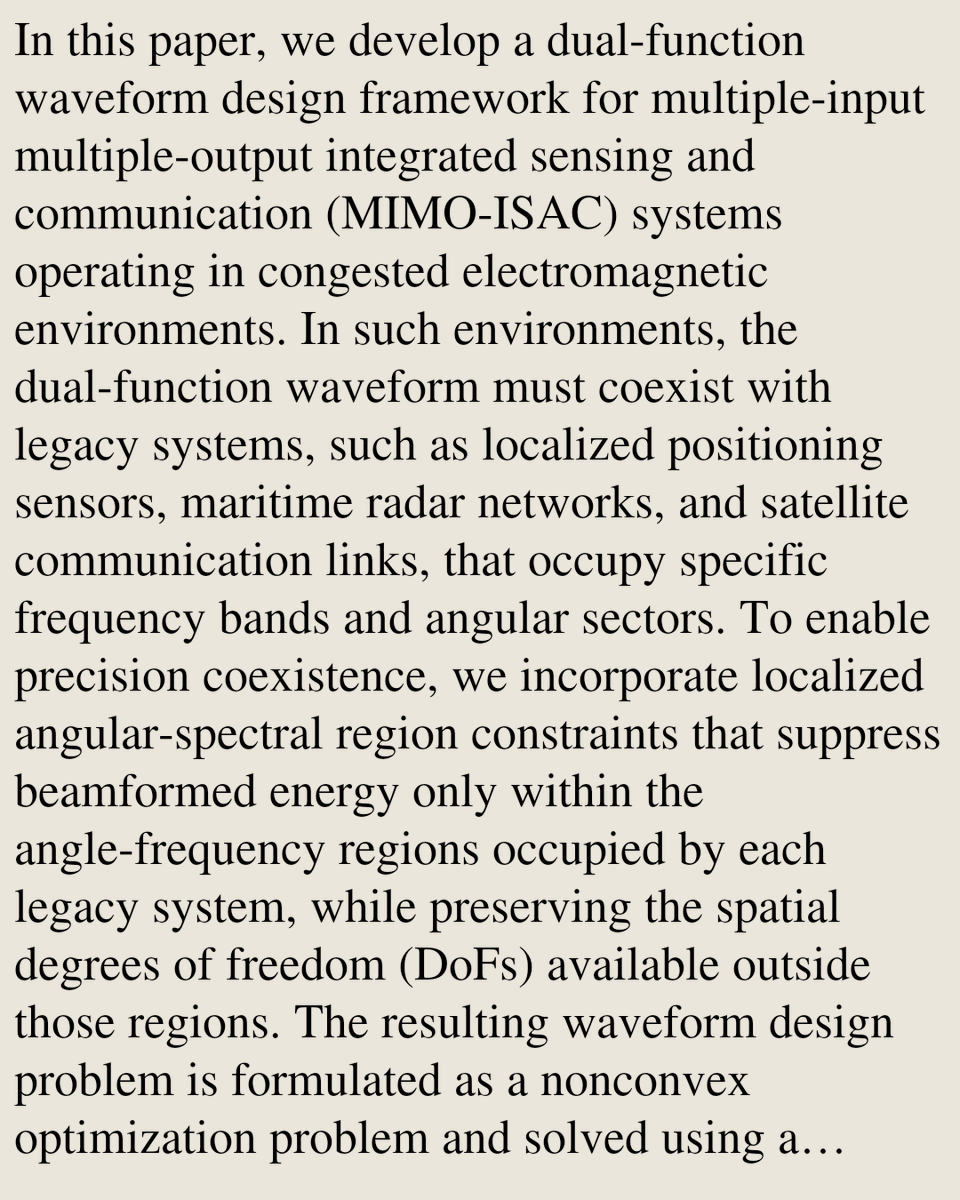 Encoding's tweet photo. Precision Coexistence: Angular-Spectral Region Constrained Waveform Design for MIMO-ISAC

Syed Ali Haider Shirazi, Taejoon Kim, David J. Love, …
https://t.co/TyyxuXrFLh [𝚌𝚜.𝙸𝚃]
💬Paper accepted for presentation at IEEE Conference on Integrated Sensing and Communications 2026 https://t.co/WsW5tKO1JR