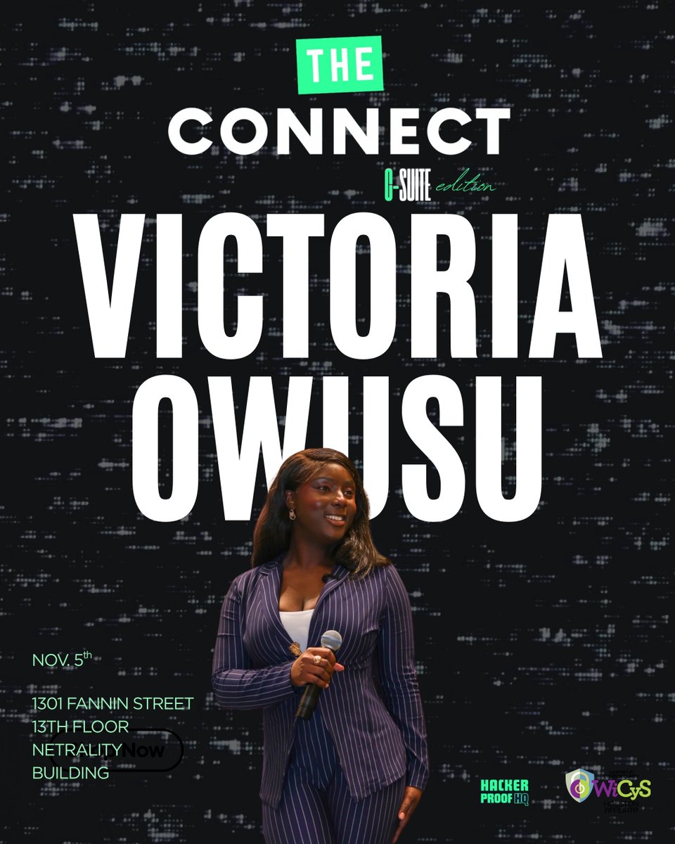 HackerproofHQ's tweet photo. Victoria Owusu is back hosting The Connect: C-Suite Edition on November 5!
Join us for an evening of networking.
๐ Netrality Building, 13th Floor, 1301 Fannin St., Houston, TX
RSVP: https://t.co/DrMpRc06zf
#HackerProofHQ #TheConnect #HoustonTech #WiCyS #AfroTech https://t.co/I05h93XRZG