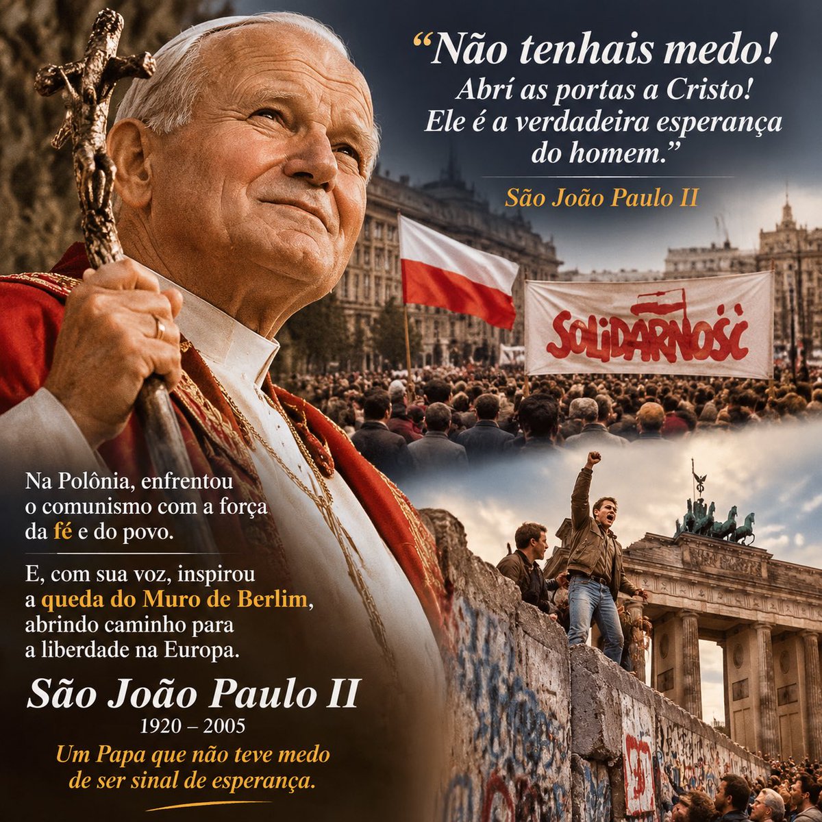 DrConservador's tweet photo. 22 de outubro
Com fé e coragem, São João Paulo II inspirou a resistência ao comunismo na Polônia e contribuiu para à queda do Muro de Berlim.

“Não tenhais medo! Abri as portas a Cristo!”
São João Paulo II, rogai por nós!
#SãoJoãoPauloII #22DeOutubro #Fé #Liberdade #Anticomunismo https://t.co/w5OSS8yJJ2