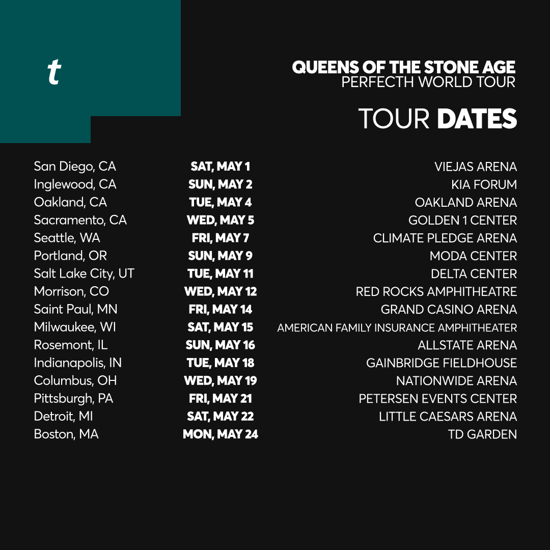 Ticketmaster's tweet photo. Mark your calendars 🗓️  Queens of the Stone Age are hitting the road on the PERFECTH WORLD TOUR. 🎸

⏰ Sign up to join the Artist Presale by SUN, OCT 25 @ 11:59 PM ET

🎫 : https://t.co/83BbbkUlrF https://t.co/UhIqashBT6