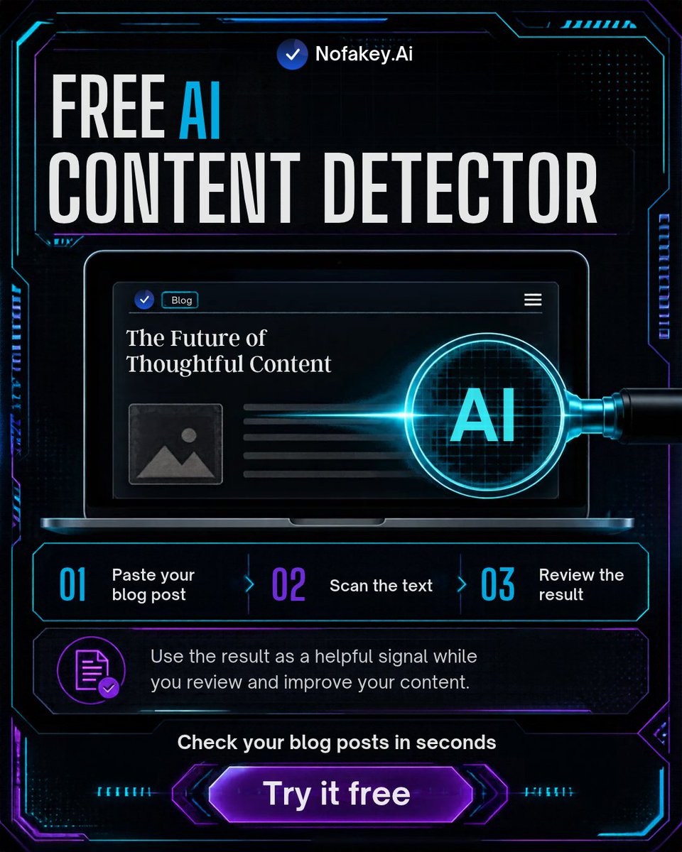 nofakey_ai's tweet photo. Want to check whether your blog content looks AI-generated?
Scan your text in seconds and use the results as a helpful signal while reviewing and improving your content.
π Try it free today!
#NoFakeYAI #AIContentDetector #AITools #ContentCreation #Blogging #DigitalTools https://t.co/SYDOkZIGx5