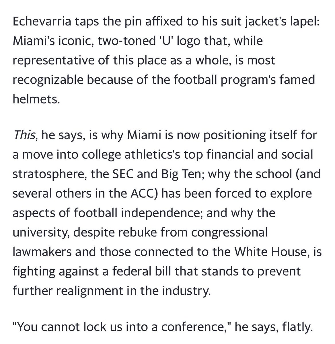WinterSportsLaw's tweet photo. This piece explains why certain schools are against the current version of the PCSA.

Schools like Miami have big ambitions for their athletics program (because of the marketing value it brings to the university), and they don’t want to be locked into a conference. https://t.co/XBGaQJvrA5