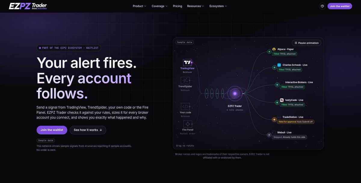 EzPzTrader's tweet photo. 🚀 TradingView Alert → Broker Order in ms!

What happens after your TradingView alert fires?

⚡ Webhook receives the signal
📊 EZPZ Trader checks your trading rules
🤖 Order automatically routes to your broker
📈 Track every signal, fill &amp; execution
⚡ Auto Trading https://t.co/p2D6hyHClH