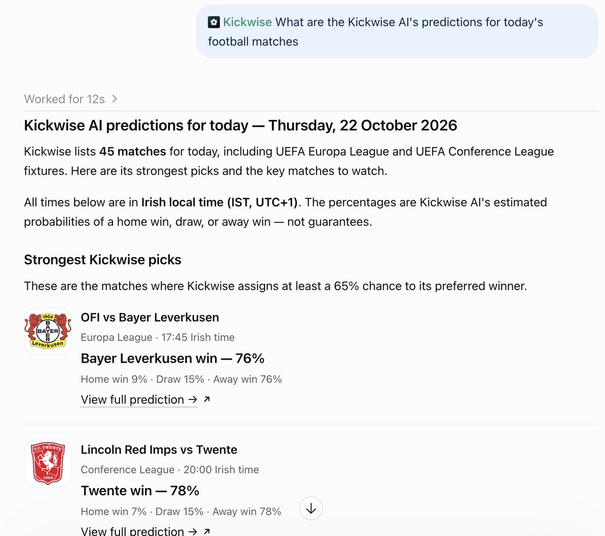 BarqawiTechno's tweet photo. My football AI is now a ChatGPT plugin, and the answers come back as cards.

Type @Kickwise in any chat and ask about a match: chances, exact score and a public record.

Try it on your team and tell me your feedback.
https://t.co/dUgNWWPlhl

@OpenAIDevs @ImNotAV1rus @Quantradin @VibeCoderOfek @SheralTech