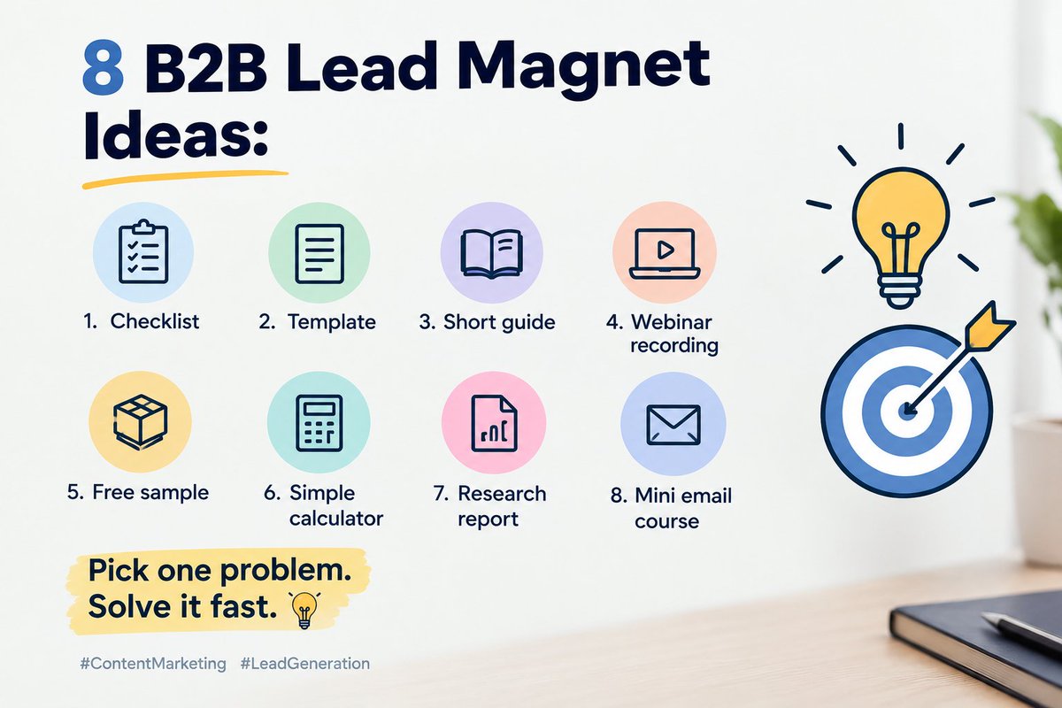mariaoffial22's tweet photo. 8 B2B lead magnet ideas:

1. Checklist
2. Template
3. Short guide
4. Webinar recording
5. Free sample
6. Simple calculator
7. Research report
8. Mini email course

Pick one problem. Solve it fast. 💡

#ContentMarketing #LeadGeneration https://t.co/Jlc32XDyrq