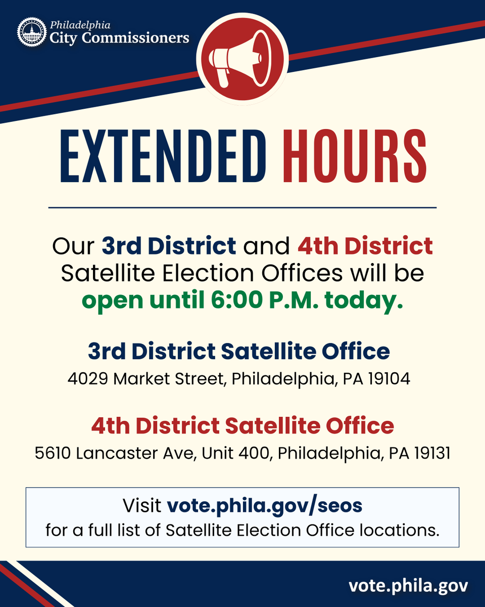 PhillyVotes's tweet photo. 📢 EXTENDED HOURS TODAY!
Our 3rd and 4th District Satellite Election Offices are open until 6:00 P.M.!

📍 3rd District SEO: 4029 Market St.
📍 4th District SEO: 5610 Lancaster Ave., Unit 400

Visit https://t.co/Pr62qo5heO for a full list of SEO locations. #PhillyVotes https://t.co/ifr0KENdBB