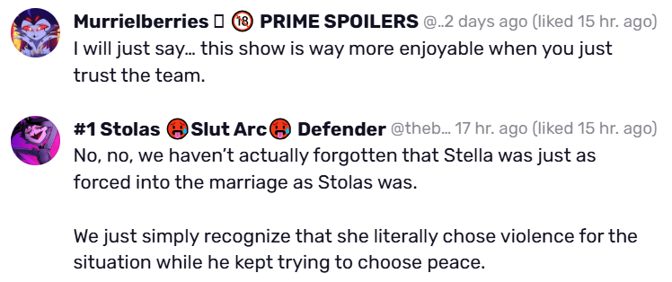 SoftFurSunlight's tweet photo. "Maybe Viv's playing 4D chess! Maybe Stolas is meant to be an unlikeable asshole and Stolitz is meant to be toxic!"

Sorry, folks. Maybe in another life. https://t.co/R9TsTrk6x2