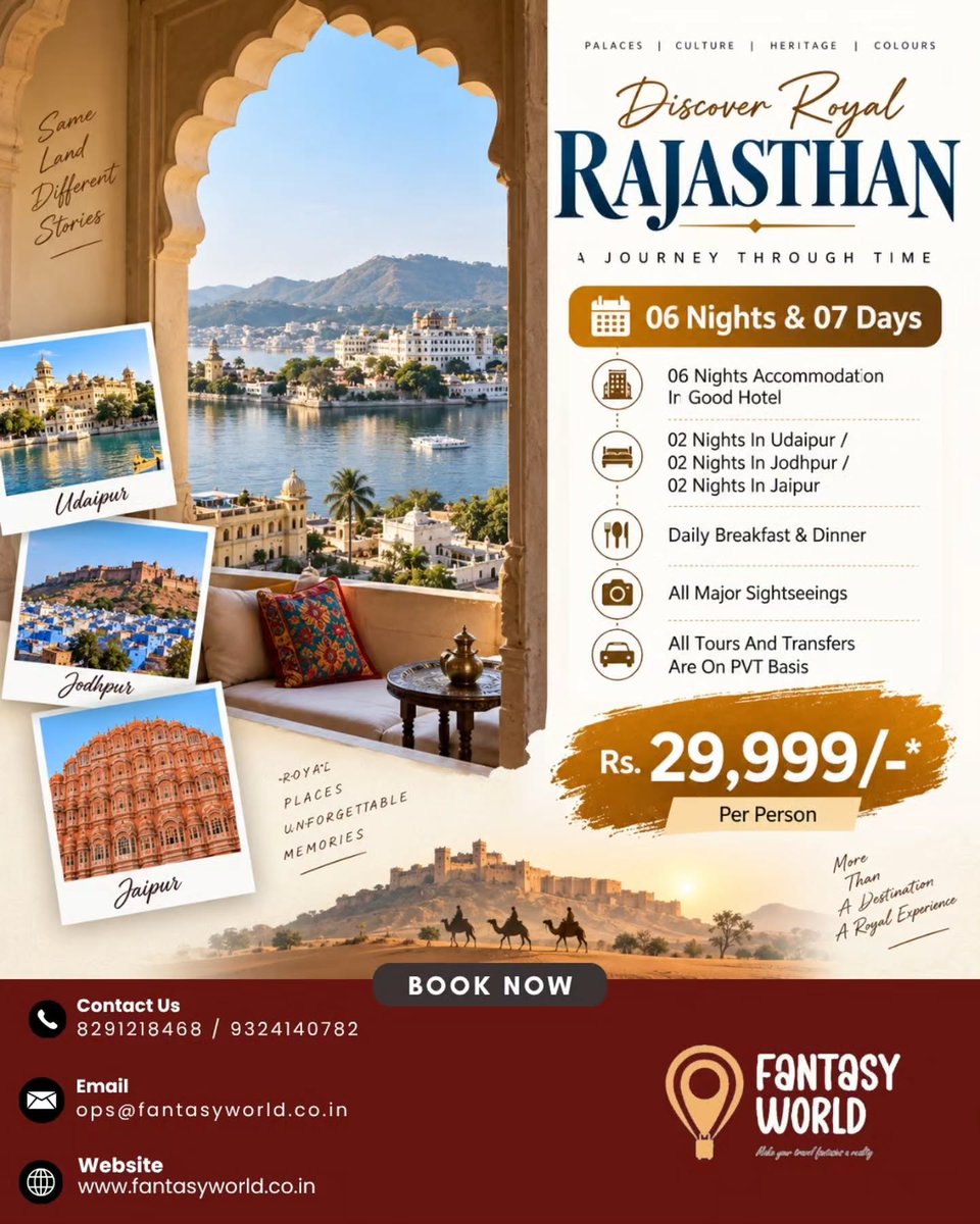 AnuskaRomero's tweet photo. Rajasthan blends royal forts, vibrant markets, serene lakes and desert sunsets. Explore Jaipur, Udaipur, Jodhpur and Jaisalmer for a journey through history, culture and unforgettable experiences. Plan your perfect Rajasthan holiday today. https://t.co/pfDbKd7sCS