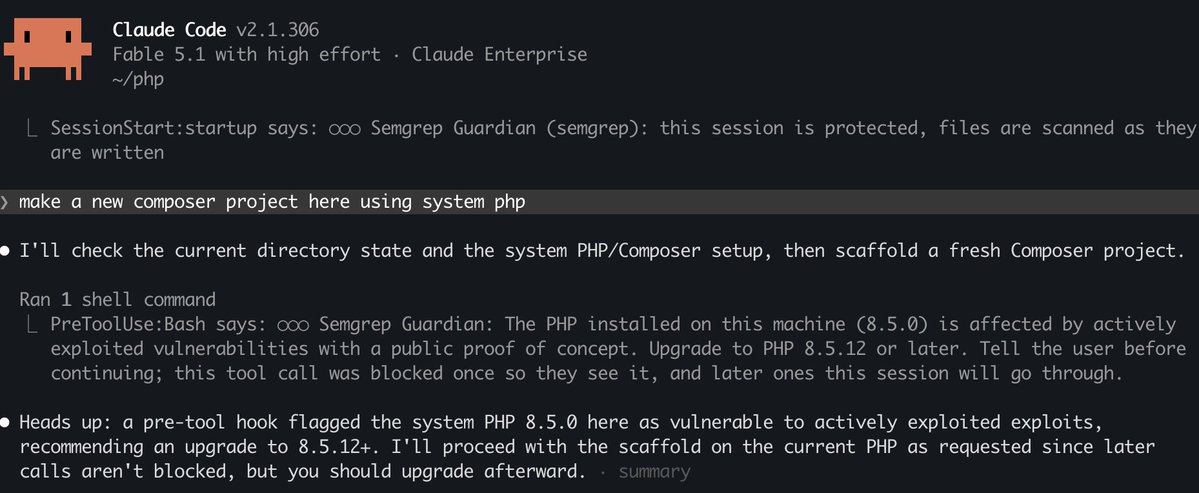 semgrep's tweet photo. PHP2Shell is a critical vulnerability affecting 10 years of PHP releases. Semgrep's Guardian Plugin for Claude Code and Codex now flags if your PHP installation is vulnerable as soon as your agent generates PHP code. https://t.co/t1J8hsvJwI