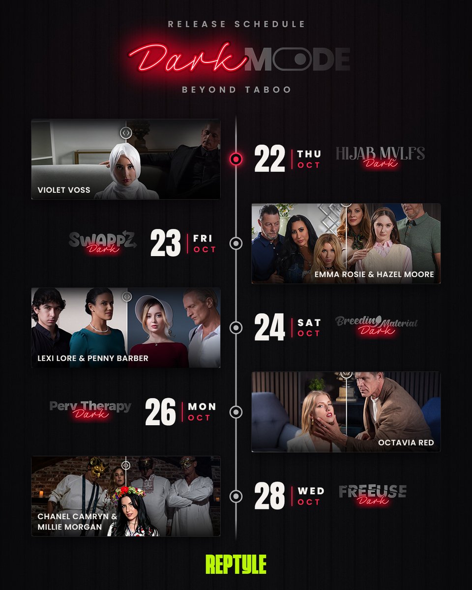 MylfStudios's tweet photo. The Dark Mode release calendar is here. 🖤 Five stories of power, secrets and surrender, all under the same dark look. Mark your calendar and and Don’t miss a single episode 👇

🔗 https://t.co/DzteMA86sb https://t.co/zVxTKqWoYM