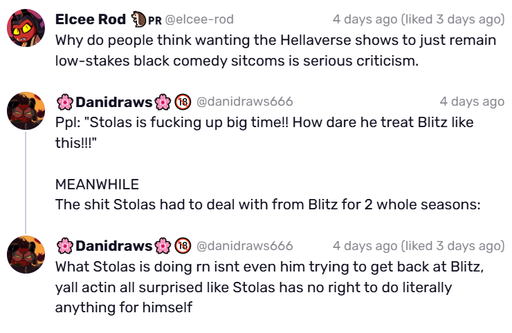 SoftFurSunlight's tweet photo. "Maybe Viv's playing 4D chess! Maybe Stolas is meant to be an unlikeable asshole and Stolitz is meant to be toxic!"

Sorry, folks. Maybe in another life. https://t.co/R9TsTrk6x2