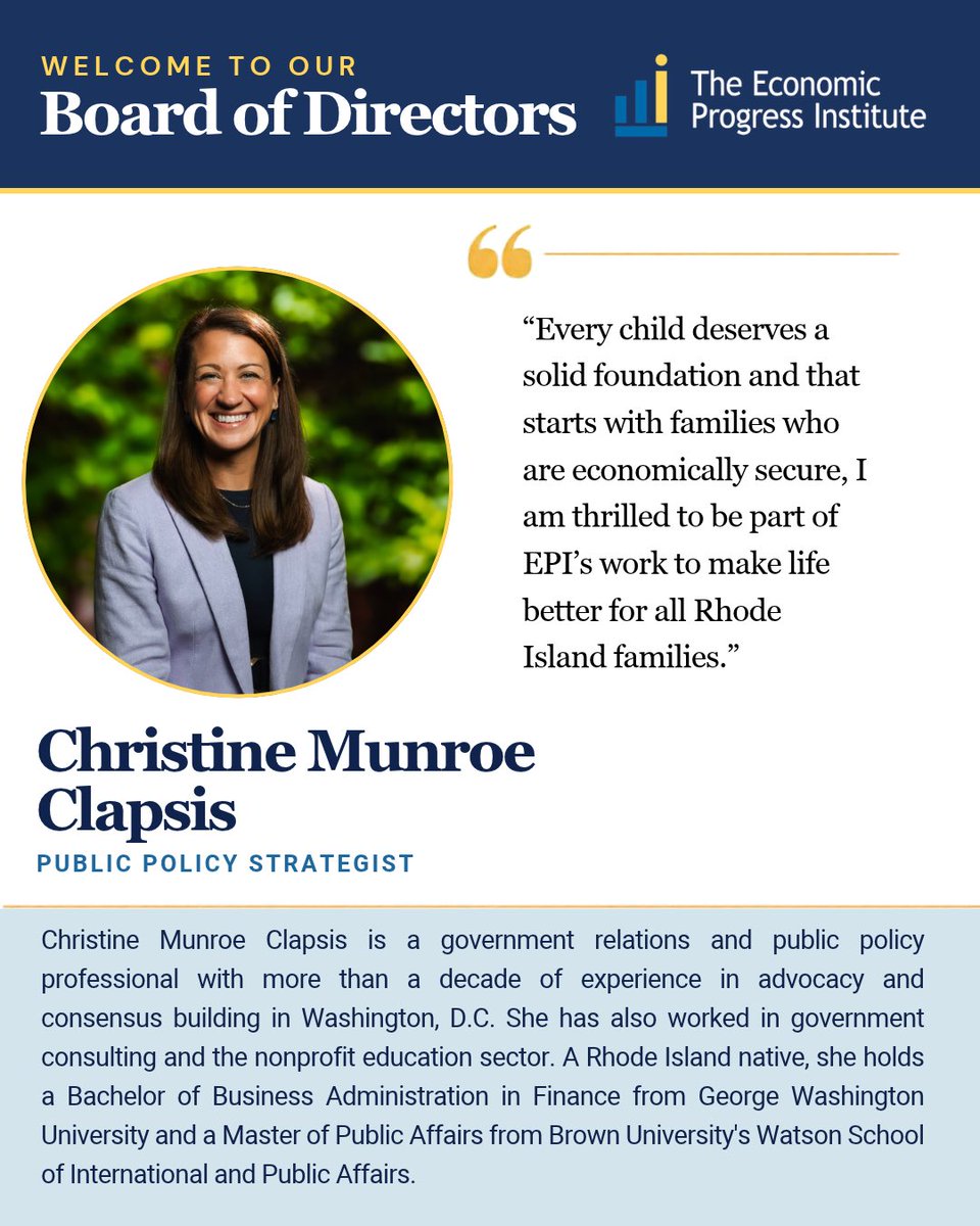 EconProgressRI's tweet photo. Welcome to EPI’s Board of Directors, Christine Munroe Clapsis!
 
A Rhode Island native with over a decade of experience in government relations, public policy, and advocacy, Christine brings valuable expertise to EPI.

Meet our new Board members: https://t.co/g6NwK86B56 https://t.co/feQppM03vw