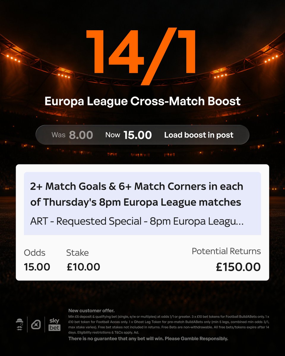 AndyRobsonTips's tweet photo. Who's already on my 14/1 Boost?

Load bet: https://t.co/AQ5oEHG7eu

Claim offer: https://t.co/Fqm9WsQNg5

Get £40 in Free Bets if you claim the offer above and stake £5 on this Boost.

14/1 feels big when you look at the stats from the last two rounds.

We kick off at 8pm, good luck if you're on.

18+, T&Cs Apply. Ad.