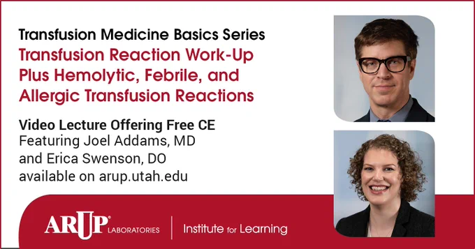 Two medical professionals with lecture details on transfusion reaction work-up.