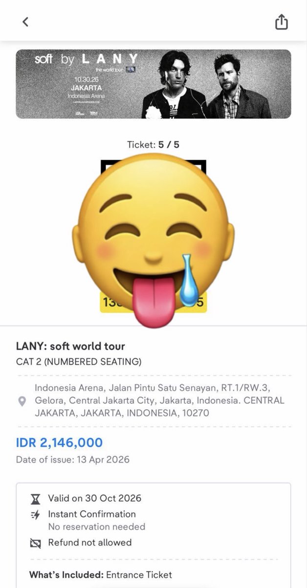 zeyl0lell's tweet photo. WTS LANY : soft world tour concert in jakarta 2026

DAY 2 CAT 2 (30 oktober 2026)

BUKTI LENGKAP DM AJA!! 
di tuker sampe fisik
ig : @zzahlearv
NO SCAM❗️❗️
alesan jual nabrak jadwal kuliah😞
ONLY 1 TIKET
⭐️ harga normal!
wts wtb tiket konser lany jakarta CAT 2 https://t.co/s6yPhJLz4X