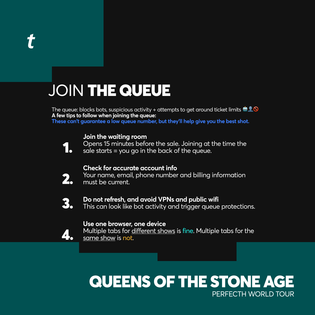 Ticketmaster's tweet photo. Tips for Getting Ready for the Queens of the Stone Age Perfecth World Tour Ticket Drop

🎫 : https://t.co/83BbbkUlrF https://t.co/E2VcKShtcM