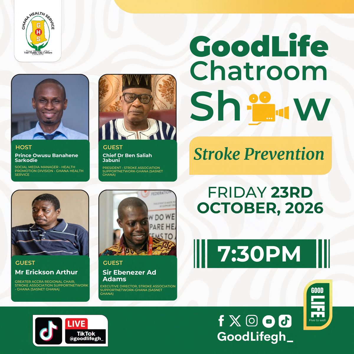 GoodLifeGh_'s tweet photo. This World Stroke Day, join us on GoodLife Chatroom of Ghana Health Service as we discuss stroke prevention, warning signs, emergency response, recovery and life after stroke! Every minute counts. Every survivor matters. Know the signs. Act FAST.
#GoodLifeGH #FYP #WorldStrokeDay https://t.co/fc19cBs5JN