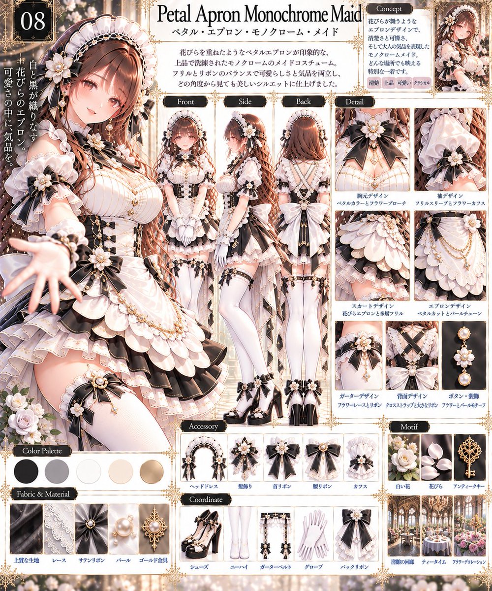 tarotaro_mgm's tweet photo. 👗AI衣装デザイン図鑑👗
🎀💖 MAID COLLECTION Season8 💖🎀
✨ THE ART OF PURE MAID ✨
💕 純粋なメイド服に宿る、
　　　　　　　　　　　10通りの美しい煌めき。 💕

🤍 08｜PETAL APRON MONOCHROME MAID
ペタル・エプロン・モノクローム・メイド
A Blooming Elegance in Black and White
白黒に咲く花びらの気品
008/010

🎨テーマ
白と黒が織りなす上品な花びらのエプロン。
可憐なフリルとパール装飾、クラシカルな
シルエットが魅力の、清楚で華やかな
フラワーメイド衣装。

コスチュームの特徴 5つ
🤍 白黒のクラシカル配色
🌼 花びらを重ねた立体エプロン
🎀 胸元の大きなフラワーリボン
🖤 太もも上丈の多段フリルスカート
🕊️ 背面クロスストラップと白リボン

※プロンプトは下にあります
❤️ いいね・RP・保存で応援していただけると
励みになります！
※他の衣装シリーズもプロフィールから
ご覧いただけます

#MaidSeason7 
#MegumixCollection #AICostumeCreator

Dress the woman in the reference image in an elegant black-and-white floral maid costume. Preserve her face, hairstyle, figure, expression and pose. A fitted white pinstriped bodice with a ruffled high neckline, pearl buttons, black side lacing, gold details and a black floral bow at the chest. White puff sleeves with layered lace cuffs, black bows and flower brooches. A short, full black skirt ending at the upper thighs, edged with multiple white petal-shaped ruffles and delicate lace. A layered white flower-petal apron with gold chains covers the front. Keep the exact short hem length. The back has a fully covered fitted bodice with crossed white straps and a large white bow at the waist. Add a frilled maid headband, white thigh-high stockings, floral garters, gloves and black heels. Single full-body character portrait, not a design sheet.