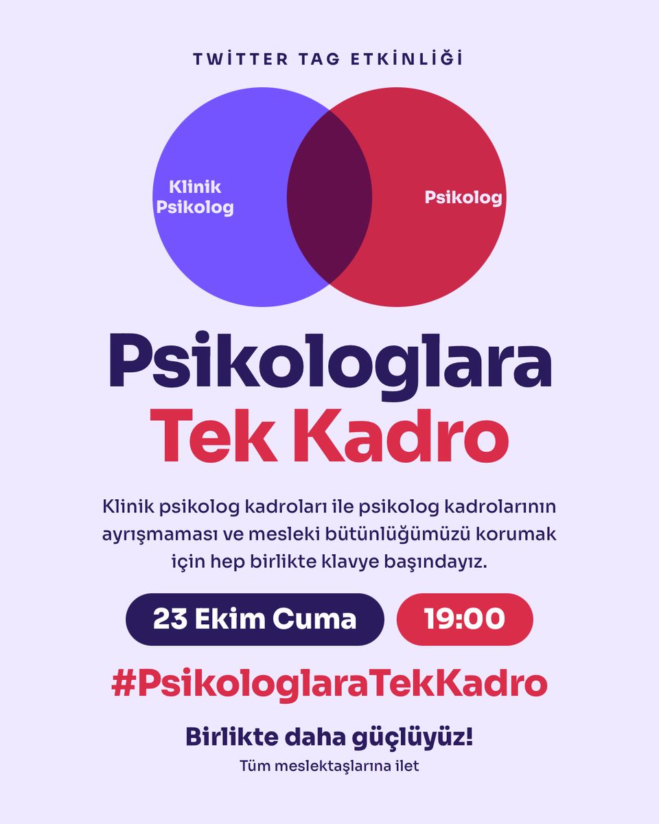 ortakhareketpsk's tweet photo. Değerli meslektaşlarımız,
Klinik psikolog kadroları ile psikolog kadrolarının ayrışmaması ve mesleki bütünlüğümüzü korumak amacıyla 23 Ekim Cuma akşamı güçlü bir Twitter tag etkinliği düzenliyoruz.

Tarih: 23 Ekim Cuma
Saat: 19:00
Etiket: #PsikologlaraTekKadro https://t.co/PCkhYe0caN