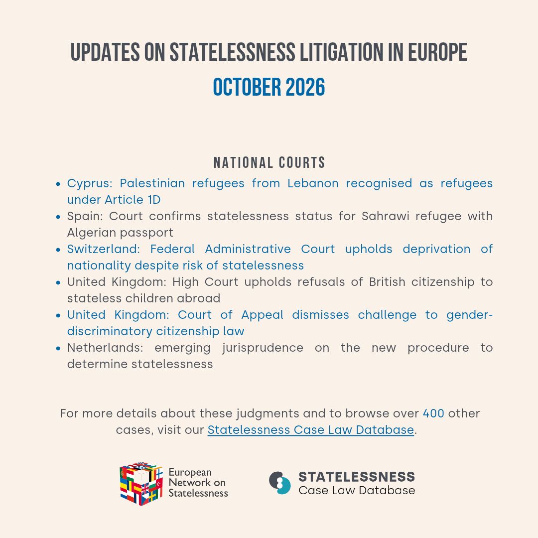 ENStatelessness's tweet photo. ⚖️ Our latest Litigation Bulletin is now live!

It brings you an overview of developments on statelessness from European courts, an update on our litigation activities, recent publications, and upcoming events and opportunities.

Read more: https://t.co/jSqv21E3r1

#Statelessness https://t.co/zqmPqRhUPD