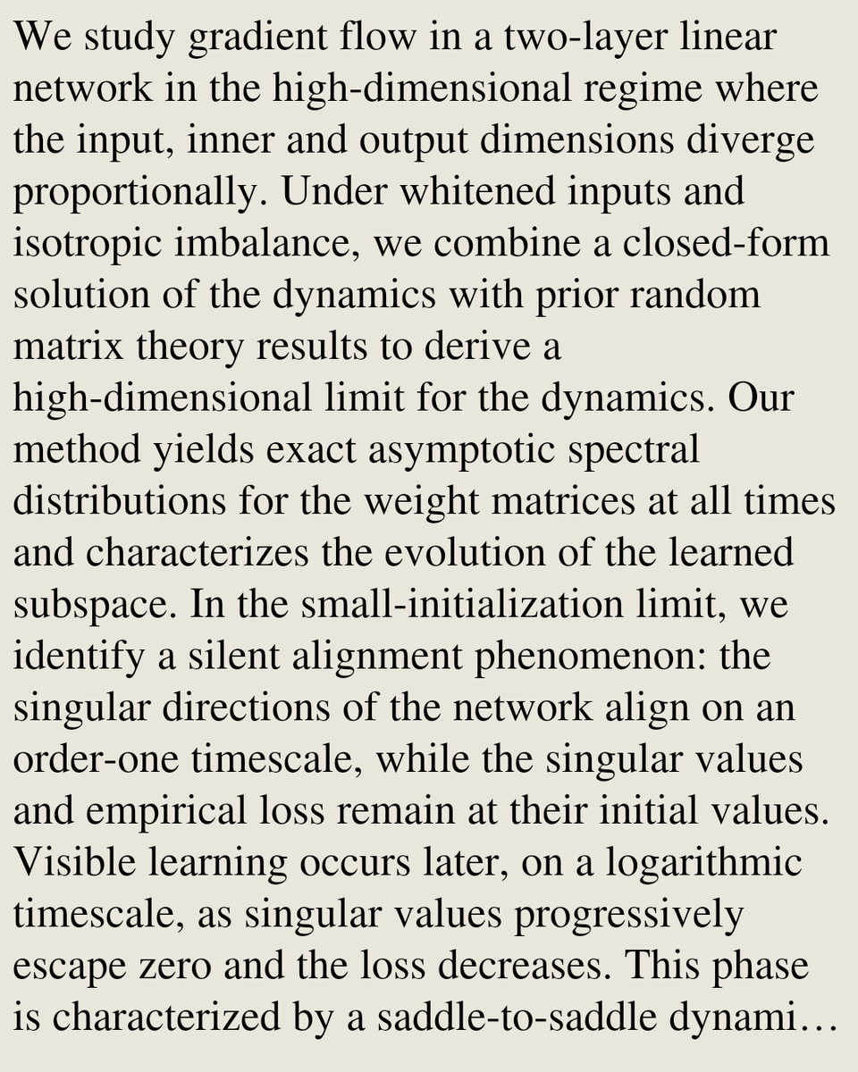 StatsPapers's tweet photo. Silent Alignment in Two-Layer Linear Networks: A High-Dimensional Perspective

Simon Martin, Francis Bach, Giulio Biroli
https://t.co/HMy58ca6dO [𝚜𝚝𝚊𝚝.𝙼𝙻 𝚌𝚜.𝙻𝙶] https://t.co/LnEtRVJ1hu