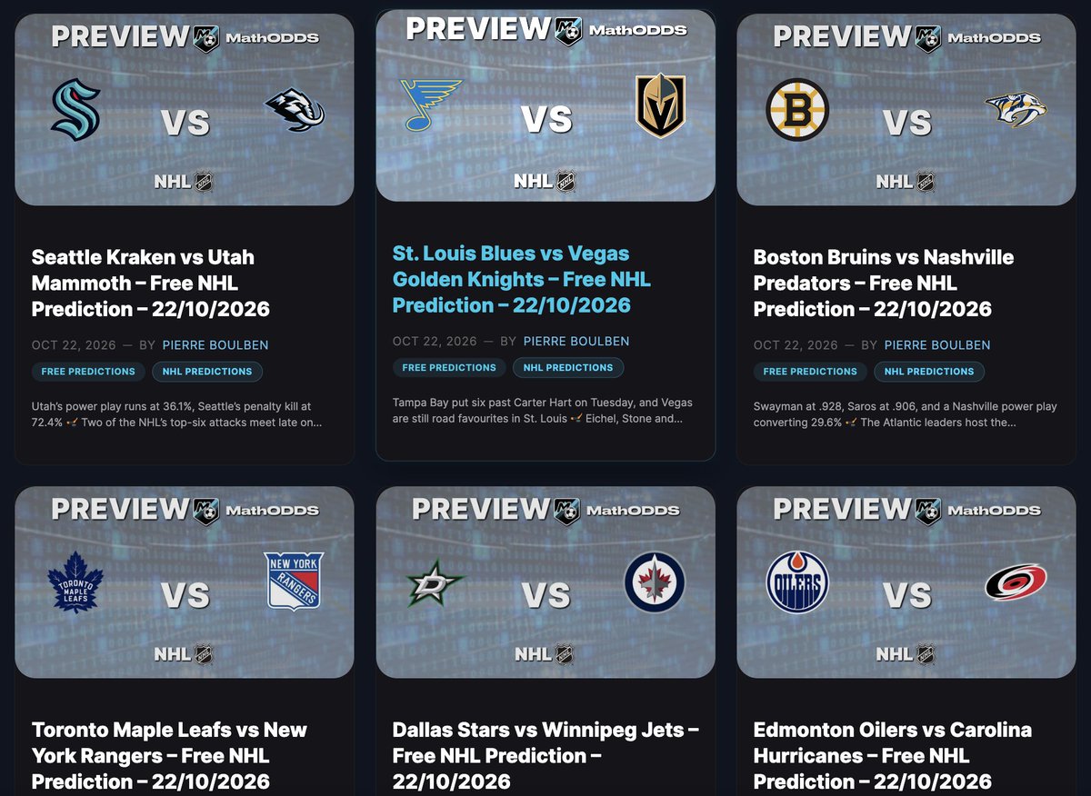 MathODDS's tweet photo. 🏒 FREE #NHL PREDICTIONS 🏒

Check out our game previews and free picks for tonight's games!  

Currently live on 👇
https://t.co/zvT5Jyvleg

#Gambling𝕏 https://t.co/Vc5T3Jqp9R