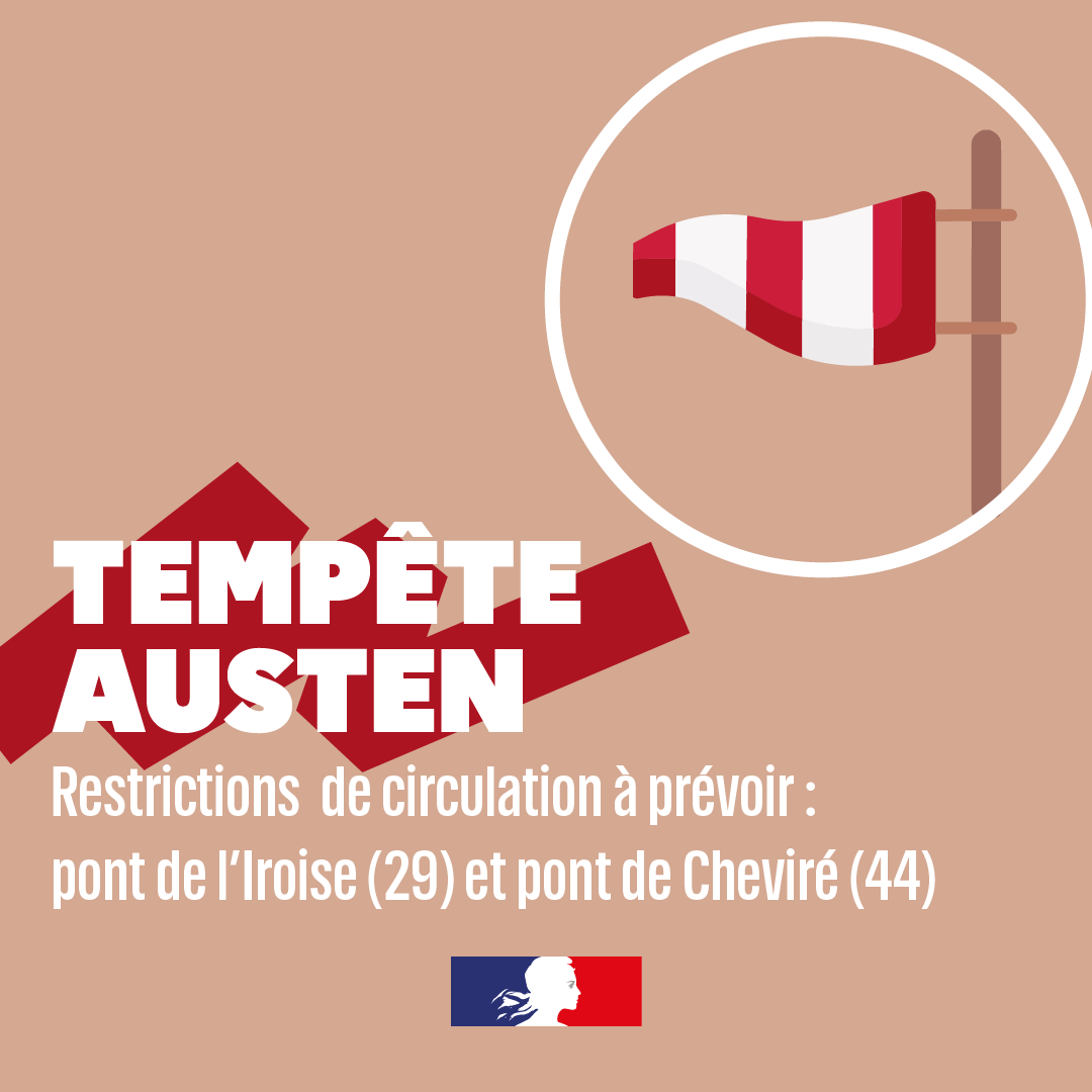 DIR_Ouest's tweet photo. ⚠️Alerte tempête Austen !
Des vents violents sont annoncés dès ce soir sur l'Ouest
Des restrictions de circulation sont à prévoir sur le pont de l'Iroise à #Brest et le pont de Cheviré sur le périphérique de #Nantes
Tenez-vous informés en temps réel sur 👉 https://t.co/4mx5VoiS8y https://t.co/DjvCNn8XAV