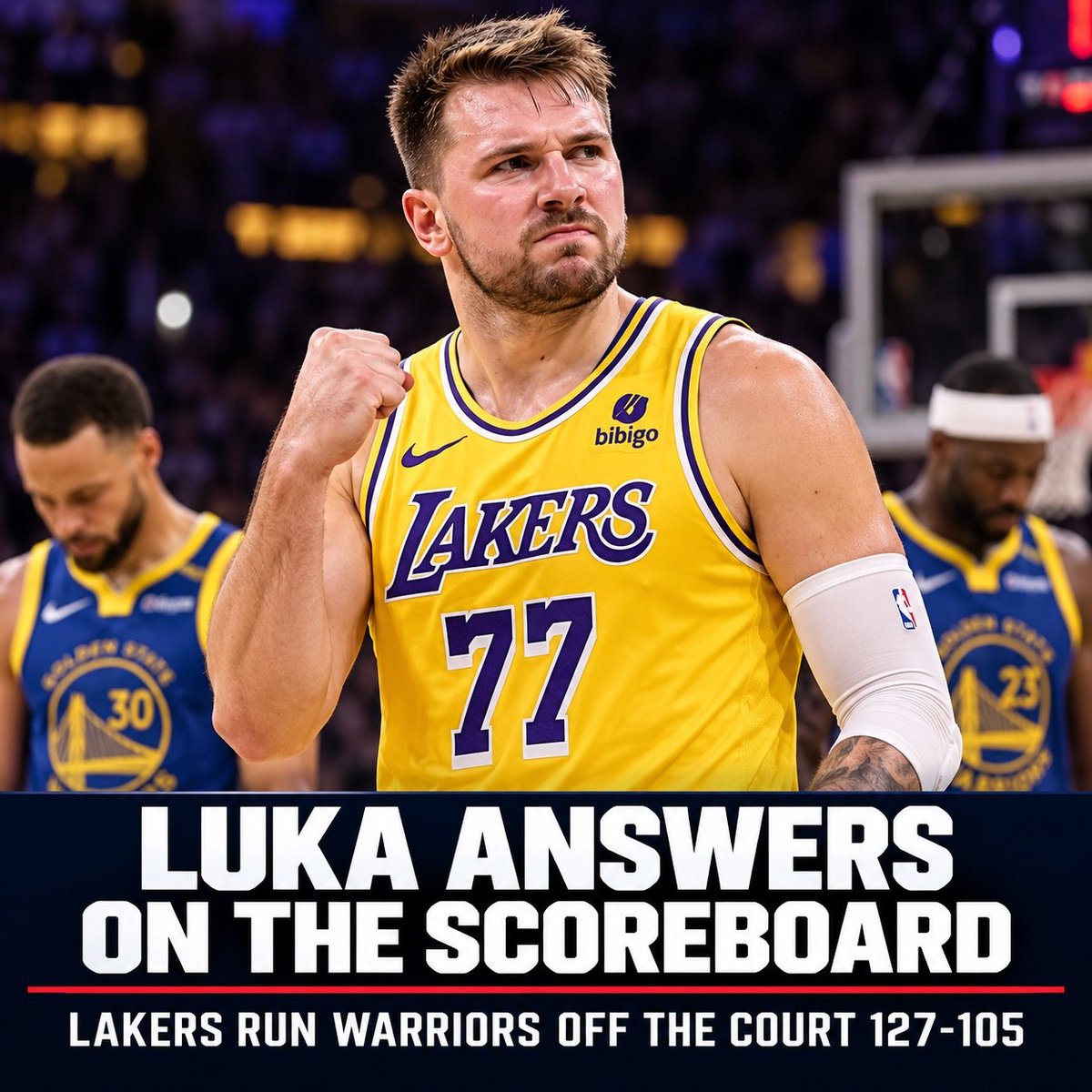 GuntherEagleman's tweet photo. Every season the same people line up to hate on Luka Doncic.

Too slow. Too heavy. Cannot win.

Then he walks onto the floor and makes grown men look silly.

The Lakers just ran the Warriors off the court 127 to 105.

Talk all you want.

Luka answers on the scoreboard.

Stay healthy, Luka. The league is not ready.
