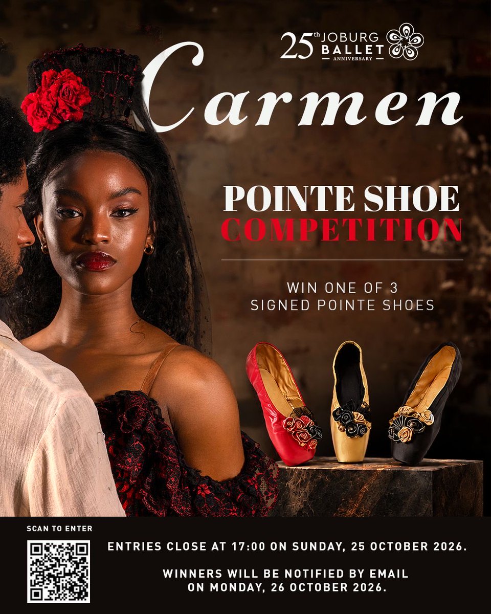 JoburgBallet's tweet photo. Stand your chance to win! 

Attending Carmen:
R100: 1 tix into prize draw 
R180: 1 tix into both prize draws

Online: Scan QR code:
R120: 1 tix into prize draw
R220: 1 tix into both prize draws
Forward receipt to info@joburgballet.com indicating “pointe shoe”, “mint” or “both”. https://t.co/F9eftuxqKH