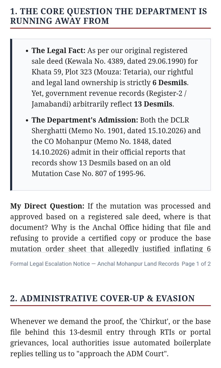 _Sonu_upadhyay's tweet photo. LAND FRAUD &amp; FILE SUPPRESSION EXPOSED! 🚨
If Mutation Case No. 807/1995-96 was done on Sale Deed (Kewala 4389/1990), why is Anchal Office Mohanpur (#Gaya) hiding the BASE FILE?
How did 6 Desmils legally bought turn into 13 Desmils in Register-2?
@BiharCMQRT @samrat4bjp https://t.co/AfvbHIBF2m