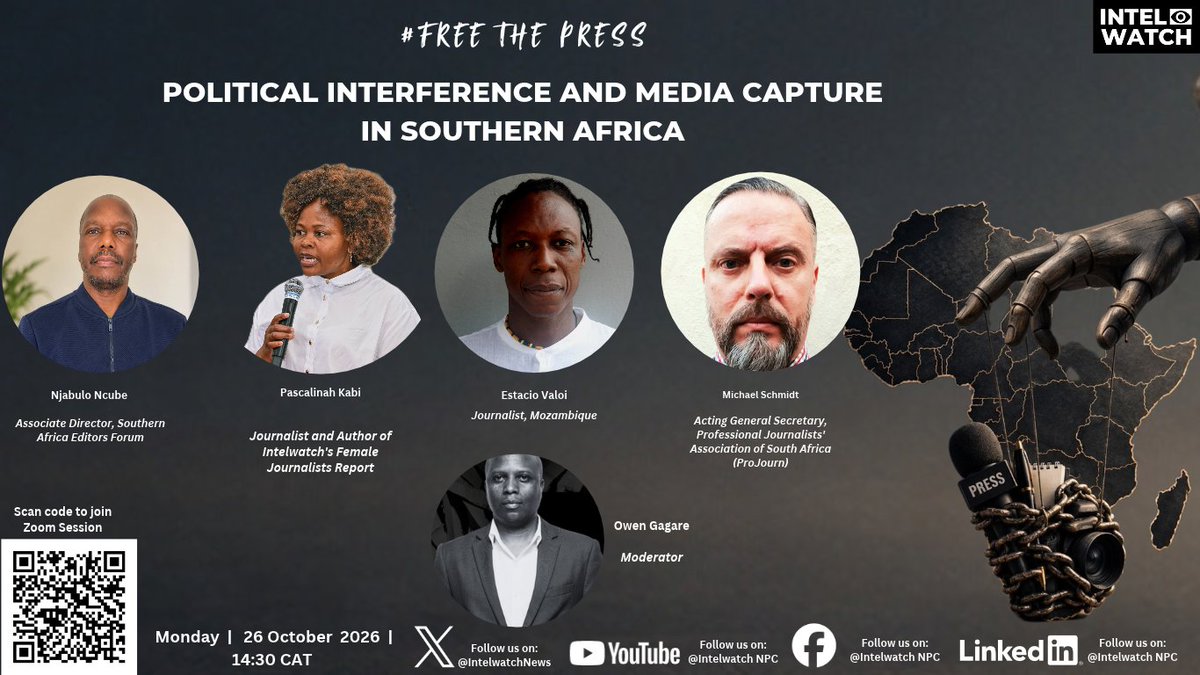 IntelwatchNews's tweet photo. Intelwatch is hosting its second regional advocacy roundtable on Monday, 26 October 2026, focusing on political interference &amp; media capture in Southern Africa. Be sure to join us!

Link: https://t.co/wZbHdyqmAQ

Meeting ID: 822 0579 3003
Passcode: 593978
#pressfreedom #Africa https://t.co/tSPJub6aSp