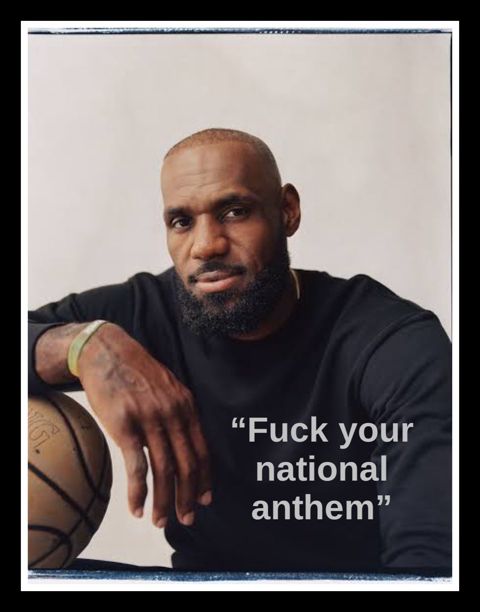 ArmaLite15OU812's tweet photo. If you're so disrespectful that you can't take a moment of your time to set aside your BLM bullshit and pay a little respect to our country's national anthem, then you should be banned from whatever sport you're being paid to play in.

 I've said it many times in the past and I'll say it again..
 Fuk LeBron James.