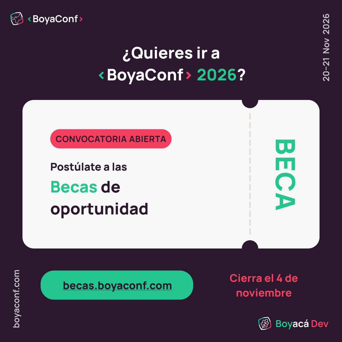 boyaca_dev's tweet photo. ¿Quieres ir GRATIS a #BoyaConf2026?

Si perteneces a un grupo subrepresentado en tech u hoy no cuentas con los recursos, gracias a nuestros patrocinadores puedes ir:
- Haz un post o video invitando a BoyaConf
- Llena el formulario

Hasta el 4 de nov
👉 https://t.co/qevNAGQMb6 https://t.co/qrMWrGGolY