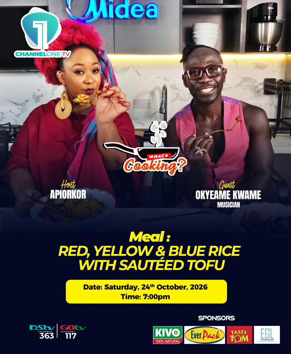 Channel1TVGHA's tweet photo. The Rap Doctor, @Okyeamekwame, is bringing colour to the kitchen with Blue, Red and Yellow Rice served with Sautéed Tofu!

Join @apiorkor this Saturday on What’s Cooking? for a vibrant, flavourful celebration of plant-based living. 

Tune in at 7:00 PM on Channel One TV!

#WhatsCooking? #OkyeameKwame #Apiorkor #VeganCooking #ChannelOneTV