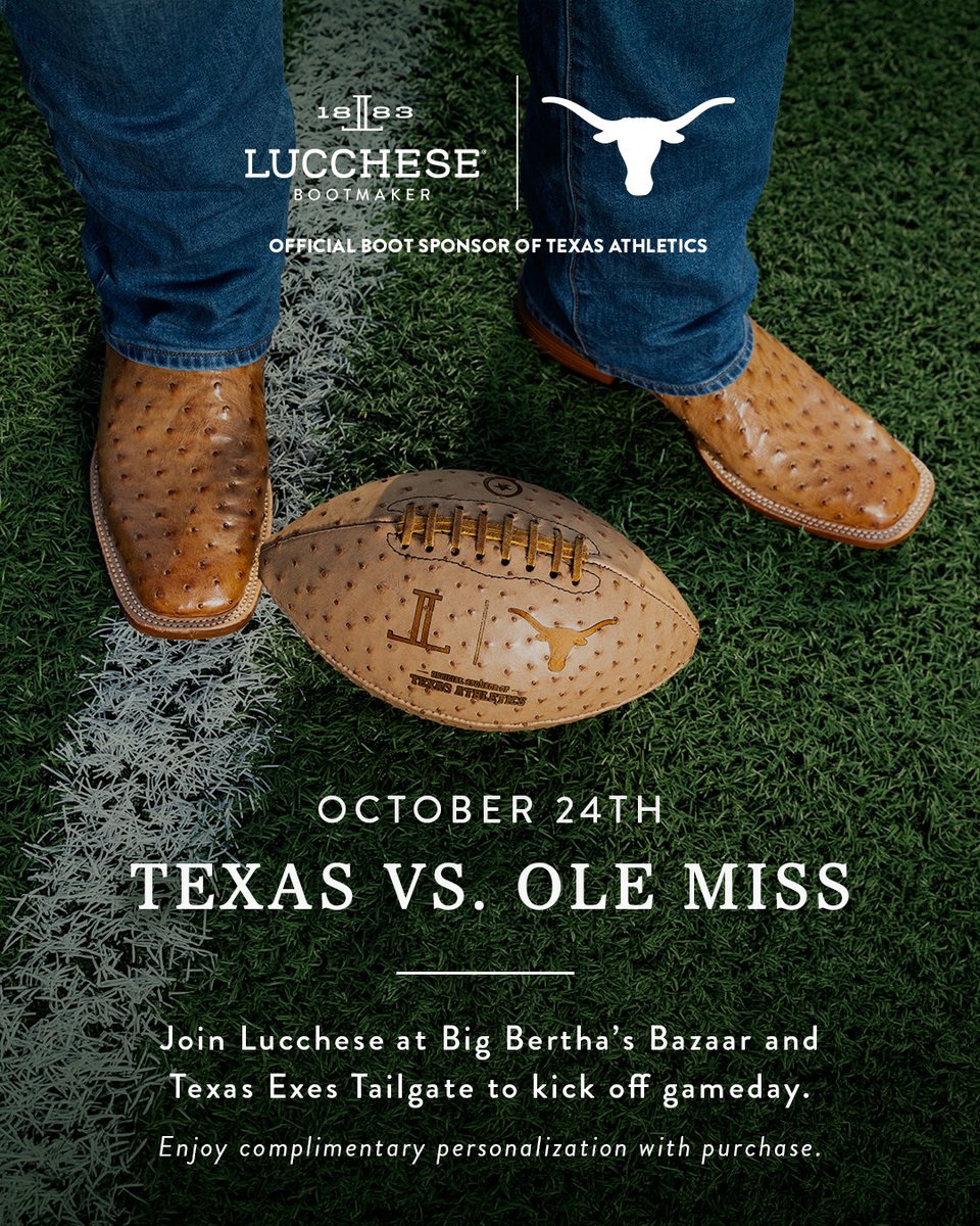 TexasExes's tweet photo. Some traditions are built by hand. Others are built by generations of fans.
Join @Lucchese1883 tomorrow at Big Bertha’s Bazaar and the Texas Exes Tailgate before kickoff against Ole Miss.
Founded the Same Year. In Texas, For Texas. Handcrafted since 1883.

https://t.co/lJdmOunhyL https://t.co/A0fZK2cnC3