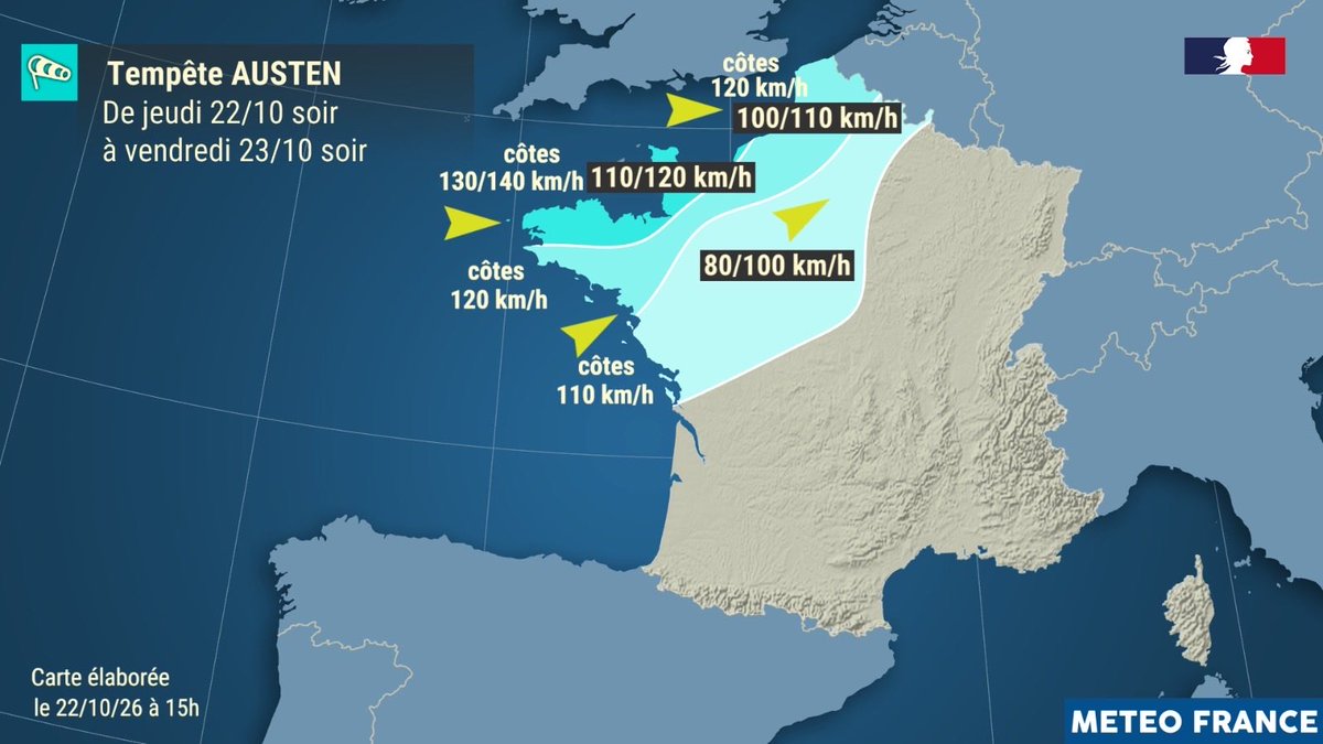 meteofrance's tweet photo. Tempête Austen 🟠 Vigilance orange Vent :
➡️ Dès ce soir sur la Bretagne
➡️ Pour ce vendredi : Normandie, mais aussi Nord, Pas-de-Calais, Somme, Yvelines, et Val d'Oise.

⚠️ Les vents violents peuvent endommager les habitations, et provoquer des chutes d’arbres. Prudence ! https://t.co/yMtKzRMoXz