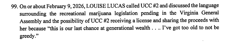 BillMelugin_'s tweet photo. NEW: Per federal indictment against her, DOJ has Virginia Senate Pro Tempore Louise Lucas on a phone call telling an unindicted co-conspirator:

“This is our last chance at generational wealth…I’ve got too old to not be greedy”. https://t.co/65duFGnHmr