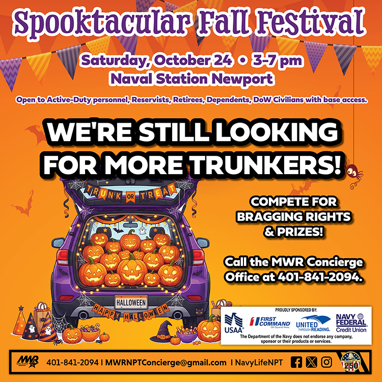 NavyLifeNPT's tweet photo. Calling all base teams & #CreativeSpirits! #TrunkOrTreat Sat, 10/24, 3–5 pm. Rally your crew, deck out your trunk, & load up on candy—let’s make this the most epic #HalloweenEvent yet! #NAVSTANPTMWR #Navylifenpt #BaseTeams #HalloweenFun #Navyfamilies #NAVSTANewport https://t.co/9E3JfY6wXS