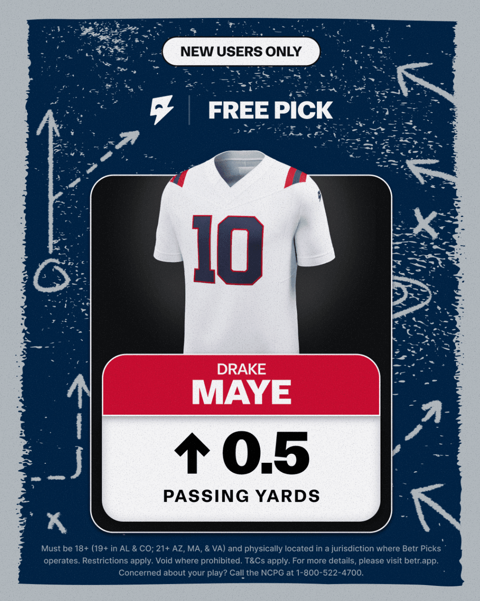 cleatzdata's tweet photo. Free pick for TNF: Drake Maye OVER 0.5 passing yards.

New to Betr Picks? Use code CLEATZ for up to $200 in No Sweat Entries.

Pats or Bears tonight? 👇
https://t.co/MN1jVzgh9d
#ad 18+ (19+ AL/CO, 21+ AZ/MA/VA). Terms apply. 1-800-522-4700 https://t.co/WP4UBhSS5q