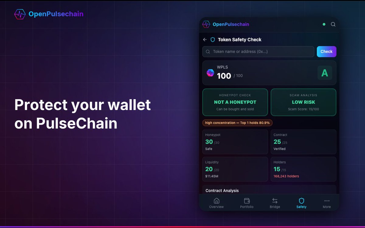 OpenPulsechain's tweet photo. 🧩 OpenPulsechain Chrome extension — token safety in your browser

PulseChain in your browser: token safety grades (A–F), honeypot detection, your portfolio and live on-chain data — all in one extension. Free on the Chrome Web Store.

https://t.co/8kxgJsjAT4

#PulseChain https://t.co/zxjMD9krb2