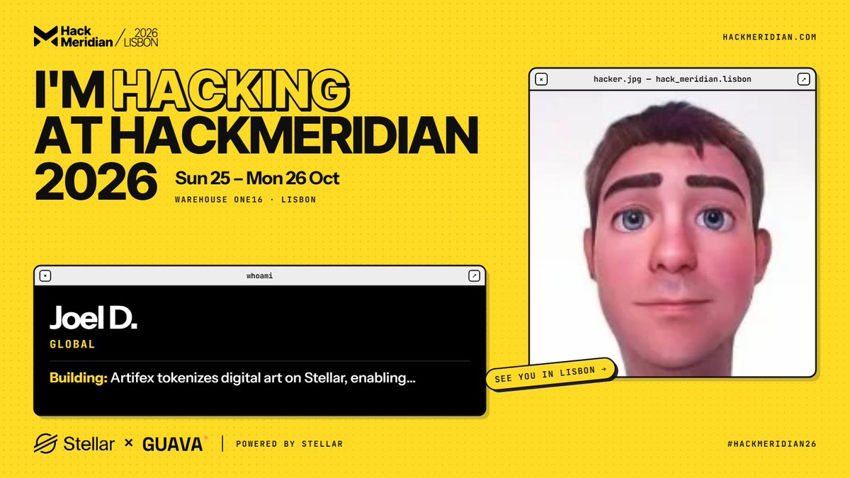 Joel_DAA's tweet photo. Heading to Lisbon for #HackMeridian26! 🚀

Building Artifex — bringing digital art on-chain with @BuildOnStellar, enabling verifiable ownership, provenance and trading.

Excited to build, connect and explore the Stellar ecosystem!

Thanks to @GuavaGlobal for making this possible.

See you there! 🇵🇹

https://t.co/4x8RNaY8GQ