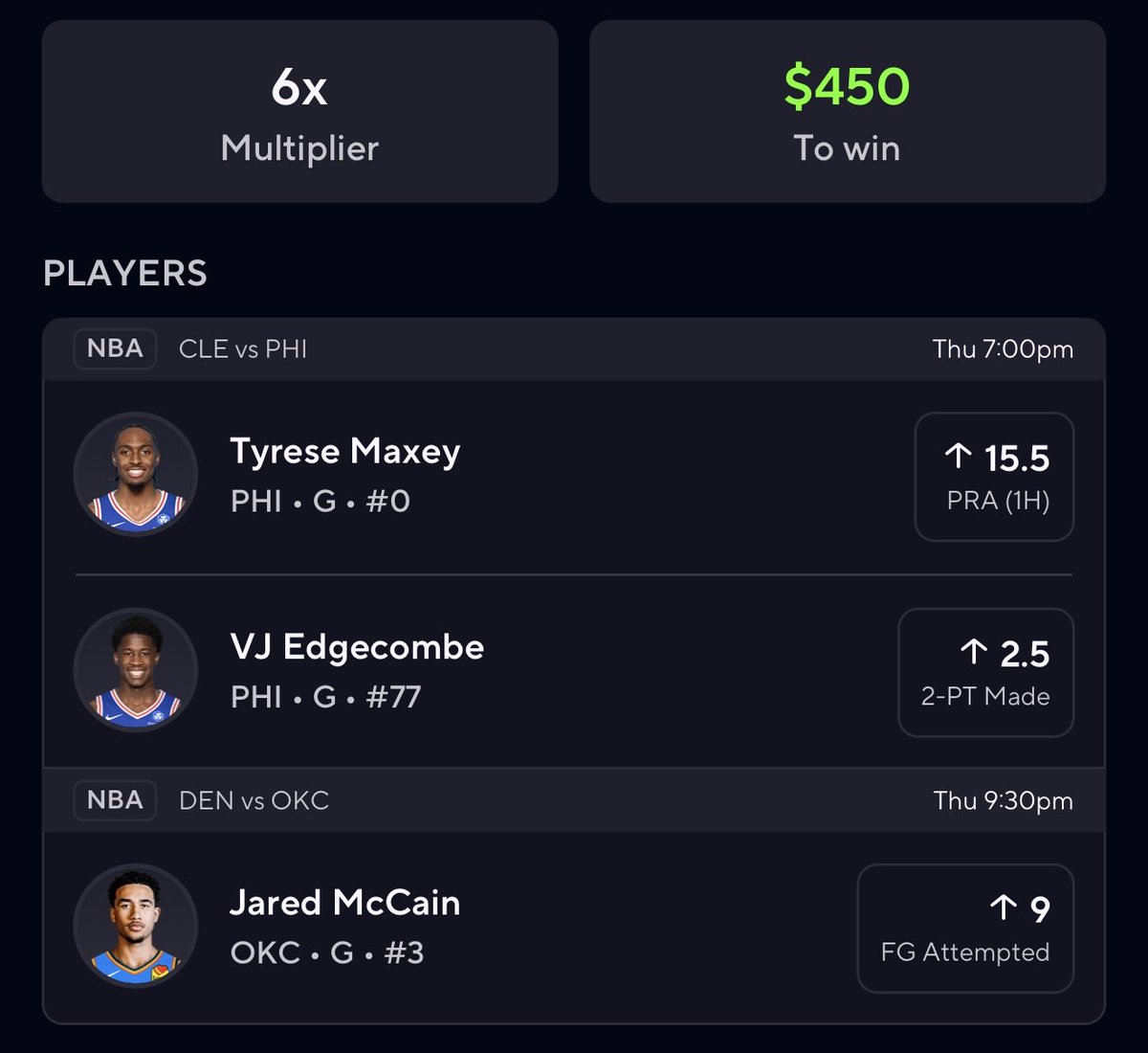 TopTierProps's tweet photo. NBA 6X 🚀

3 Reads Im Loving Today After Some 
Research.

- Tyrese Maxey “O” 15.5 1H PRA
- VJ Edgecombe “O” 2.5 2PM
- Jared McCain “O” 9.0 FGA https://t.co/VuVp55dZ5y
