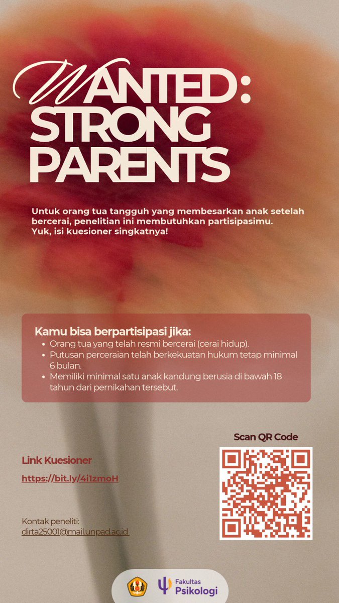 1997nep's tweet photo. Halo, Ayah dan Bunda! 👋🏻
Kami mahasiswa Magister Psikologi Unpad mengajak Ayah dan Bunda yang memenuhi kriteria pada poster untuk mengisi kuesioner tentang pengasuhan anak setelah perceraian.

🔗 https://t.co/2fyOu7SEUx
Terima kasih atas partisipasinya! 💗 #singleparent https://t.co/6xjIBkOKMz